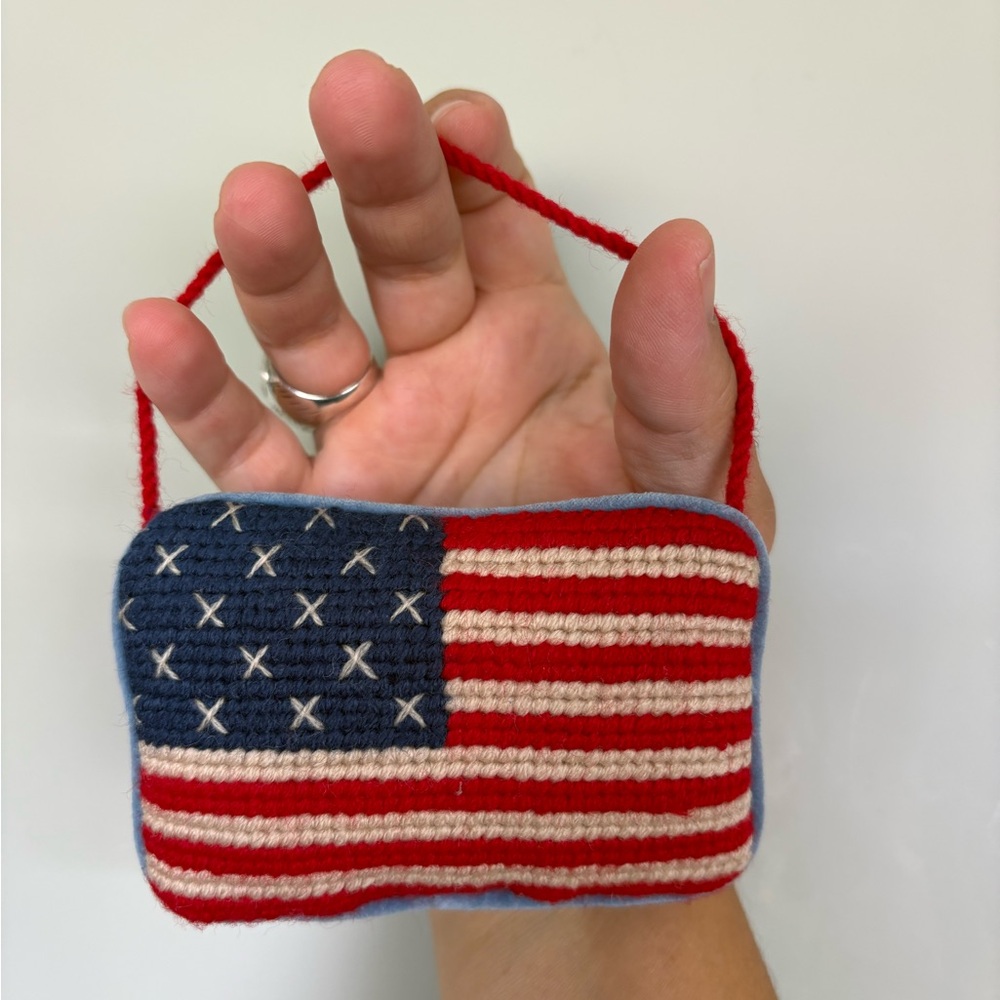 Vintage hand crafted American Flag cross stitch ornament